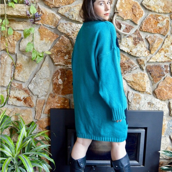 Vintage 80's Turquoise Green Abstract Pop Art Short Oversized Sweater Dress - Picture 6 of 6